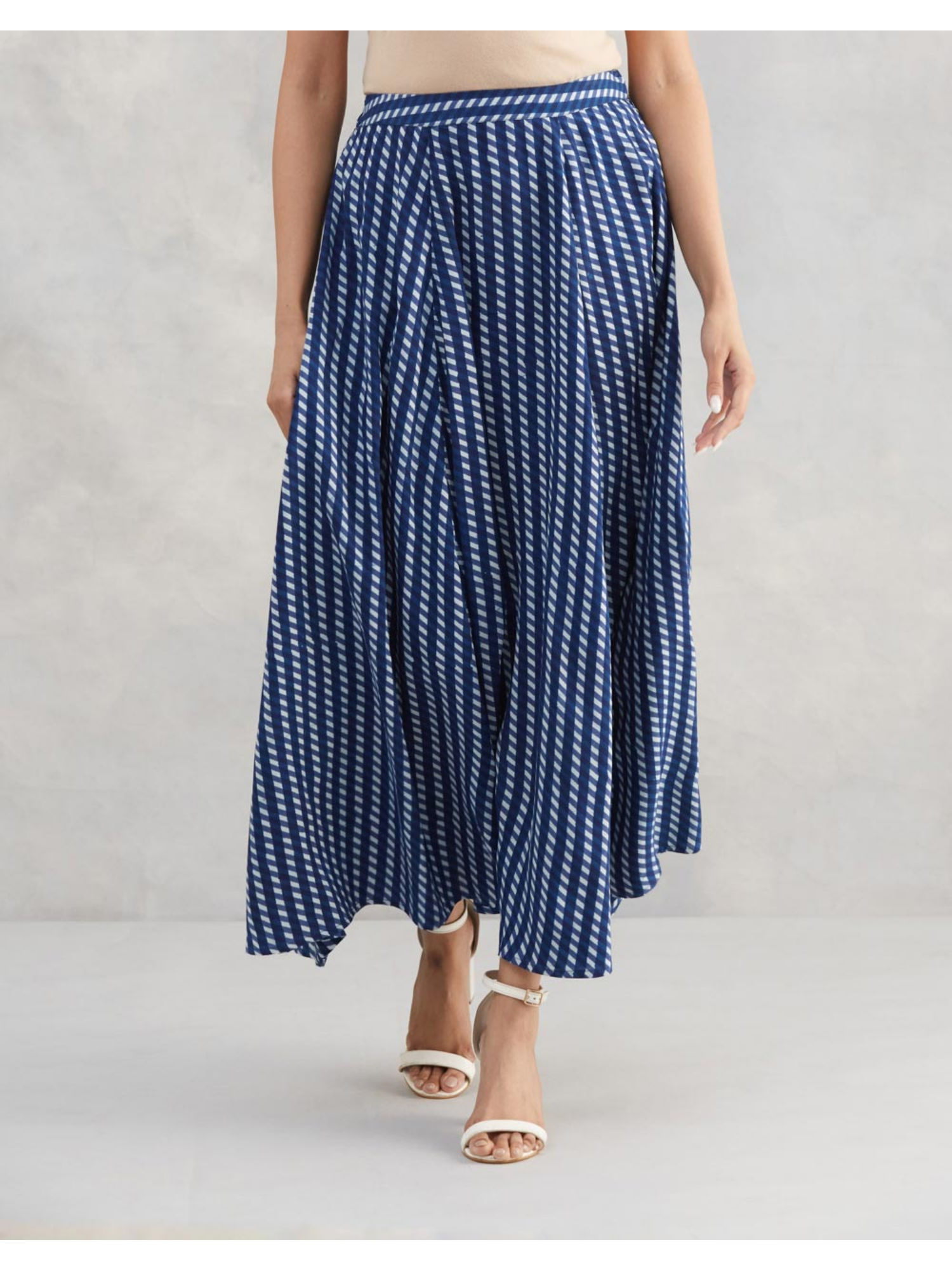 Blue Viscose Dabu Printed Midi Skirt-image-45