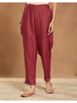 Fabindia - Maroon Viscose Silk Embroidered Ethnic Pant