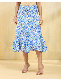 Fabindia - Blue Cotton Hand Block Printed Midi Skirt