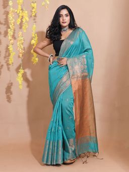 CHARUKRITI - Cerulean Blue Cotton Zari Motifs & Floral Borders Handwoven Saree with Unstitched Blouse