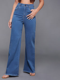 Miss Chase - Women Mid Blue Wide Leg High Rise Stretchable Denim Jeans
