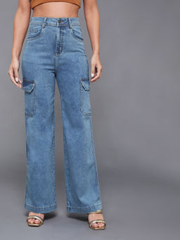 Miss Chase - Women Blue Wide Leg High Rise Stretchable Cargo Denim Jeans