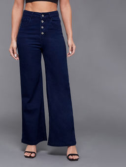 Miss Chase - Women Navy Blue Wide Leg High Rise Stretchable Denim Jeans