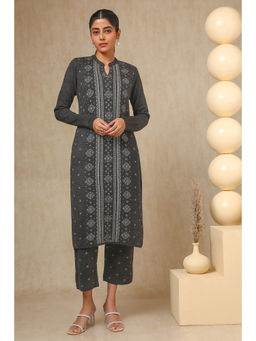 Soch - Womens Charcoal Acrylic Woven Design Kurta with Pant (Set of 2)