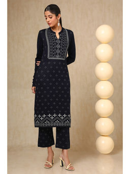 Soch - Womens Navy Blue Acrylic Woven Design Kurta with Pant (Set of 2)