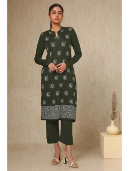 Soch - Womens Olive Acrylic Woven Design Kurta with Pant (Set of 2)