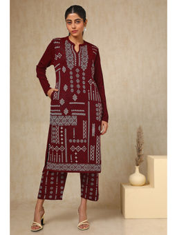 Soch - Womens Maroon Acrylic Woven Design Kurta with Pant (Set of 2)