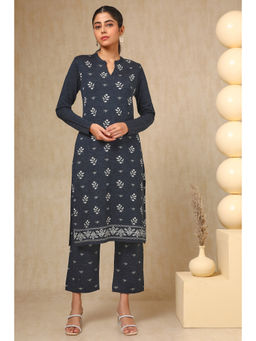 Soch - Womens Navy Blue Acrylic Woven Design Kurta with Pant (Set of 2)