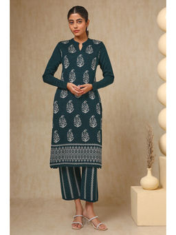 Soch - Womens Teal Acrylic Woven Design Kurta with Pant (Set of 2)