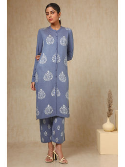 Soch - Womens Blue Acrylic Woven Design Kurta with Pant (Set of 2)