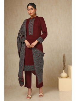 Soch - Womens Maroon Acrylic Woven Design Kurta Pant with Shawl (Set of 3)