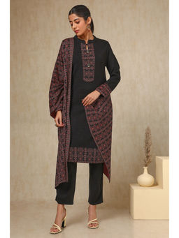 Soch - Womens Black Acrylic Woven Design Kurta Pant with Shawl (Set of 3)