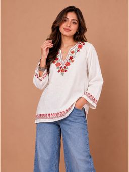 Zamour - Pure Cotton Floral Embroidered White Kurti