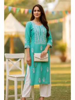 VAIRAGEE - Women's Embroidered Straight Aqua Kurta