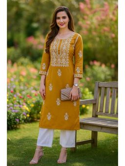 VAIRAGEE - Women's Embroidered Straight Mustard Kurta