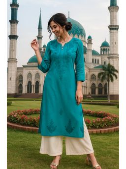 VAIRAGEE - Women's Classic Embroidered Daily Wear Teal Kurta