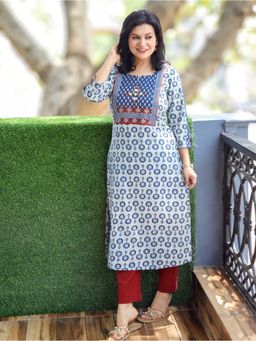 DESI SANDOOK - Women's Ice Blue Mirror Yoke Dabu Print Kurta