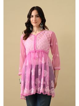 FASHIONABLE CHIKAN HANDIKRAFT - Women's Georgette Chikankari Round Neck Pink Kurti