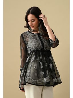 FASHIONABLE CHIKAN HANDIKRAFT - Women's Georgette Chikankari Round Neck Black Kurti