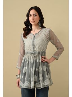 FASHIONABLE CHIKAN HANDIKRAFT - Women's Georgette Chikankari Round Neck Grey Kurti