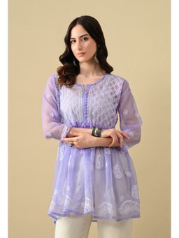 FASHIONABLE CHIKAN HANDIKRAFT - Women's Georgette Chikankari Round Neck Lavender Kurti