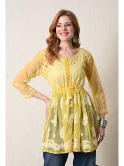 FASHIONABLE CHIKAN HANDIKRAFT - Women's Georgette Chikankari Round Neck Yellow Kurti