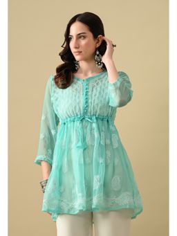 FASHIONABLE CHIKAN HANDIKRAFT - Women's Georgette Chikankari Round Neck Turquoise Kurti