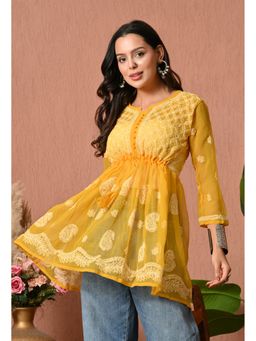FASHIONABLE CHIKAN HANDIKRAFT - Women's Georgette Chikankari Round Neck Mustard Kurti
