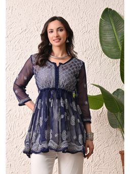 FASHIONABLE CHIKAN HANDIKRAFT - Women's Georgette Chikankari Round Neck Navy Blue Kurti