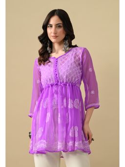 FASHIONABLE CHIKAN HANDIKRAFT - Women's Georgette Chikankari Round Neck Purple Kurti
