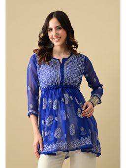 FASHIONABLE CHIKAN HANDIKRAFT - Women's Georgette Chikankari Round Neck Blue Kurti