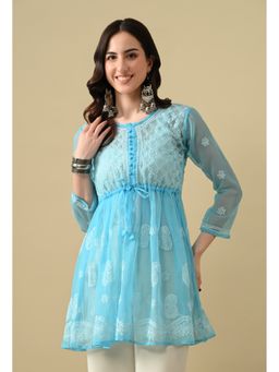 FASHIONABLE CHIKAN HANDIKRAFT - Women's Georgette Chikankari Round Neck Blue Kurti