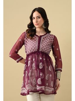 FASHIONABLE CHIKAN HANDIKRAFT - Women's Georgette Chikankari Round Neck Wine Kurti