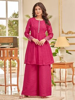 LAASYNA - Floral Motif Thread Embroidered Flared Kurti With Palazzo