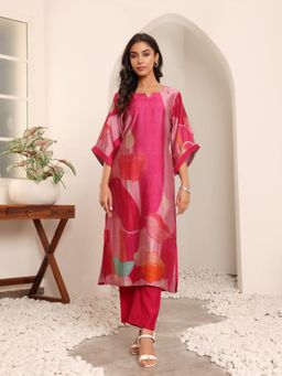 LAASYNA - Women Fuchsia Pink Abstract Printed Straight Kurta With Pant