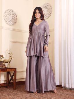 LAASYNA - V-Neck Grey Toned Gotta Patti A-Line Flared Kurti With Palazzo