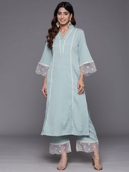 LAASYNA - Women Sea Green Organza And Lace Detailed Kurta With Pant