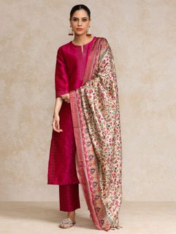 LAASYNA - Women Pink Woven Zari Embroidered Straight Kurta With Pant & Dupatta