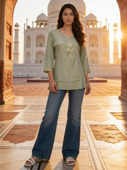 Rangita - Women Blue Poly Viscose Printed Green Kurti