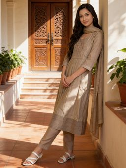 Rangita - Women Cream Poly Viscose Embroidered Anarkali Kurta With Pant & Dupatta