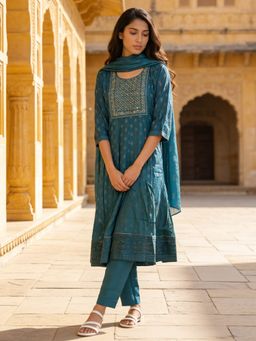 Rangita - Women Teal Poly Viscose Embroidered Anarkali Kurta With Pant & Dupatta