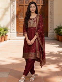 Rangita - Women Maroon Poly Viscose Embroidered Anarkali Kurta With Pant & Dupatta