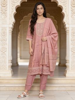 Rangita - Women Peach Poly Viscose Embroidered Anarkali Kurta With Pant & Dupatta