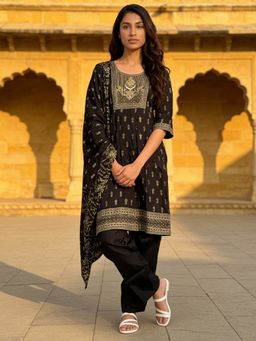 Rangita - Women Black Poly Viscose Embroidered Anarkali Kurta With Pant & Dupatta