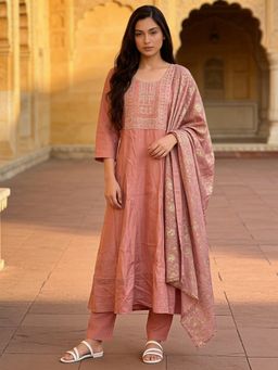 Rangita - Women Peach Poly Viscose Embroidered Anarkali Kurta With Pant & Dupatta