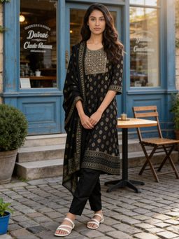 Rangita - Women Black Poly Viscose Embroidered Anarkali Kurta With Pant & Dupatta
