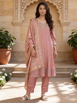 Rangita - Women Peach Poly Viscose Embroidered Anarkali Kurta With Pant & Dupatta