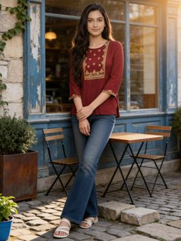 Rangita - Women Maroon Rayon Embroidered A-Line Short Length Short Kurti