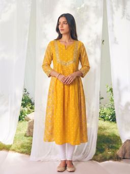 Rangita - Women Mustard Cotton Embroidered Anarkali Kurta