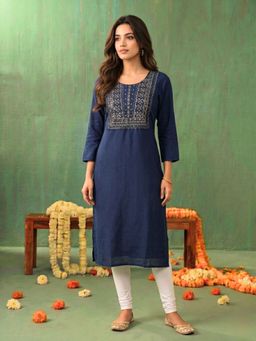 Rangita - Women Navy Rayon Embroidered Straight Knee Length Kurta